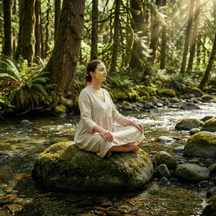 woman meditating on a rock in middle of river